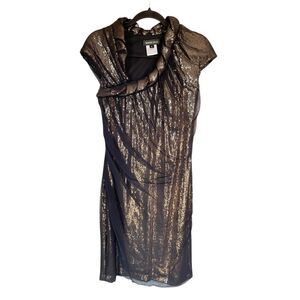 TADASHI SHOJI Black Silk Gold Sequin Rolled Neck Midi Formal Evening Dress 8